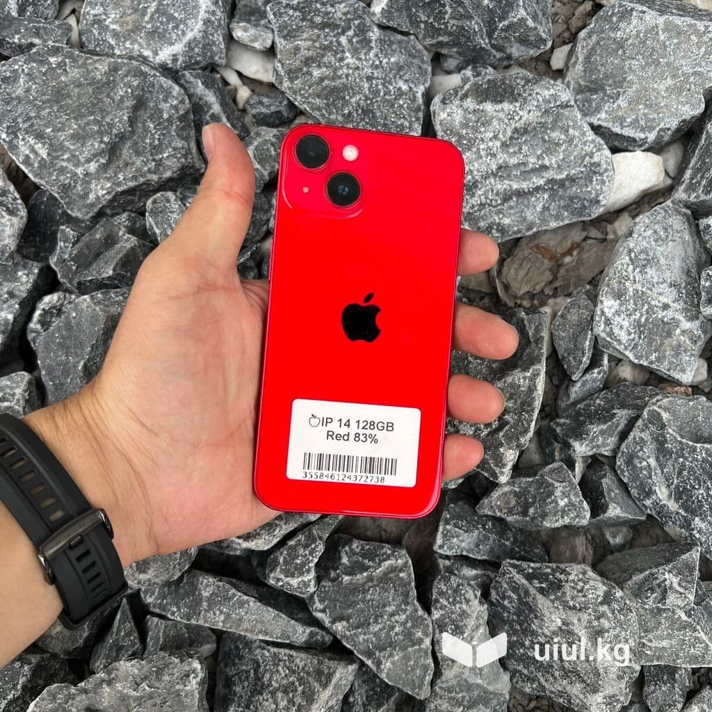 IPhone 14, Б/у, 128 ГБ, Красный, Защитное стекло, Кабель, 83 %